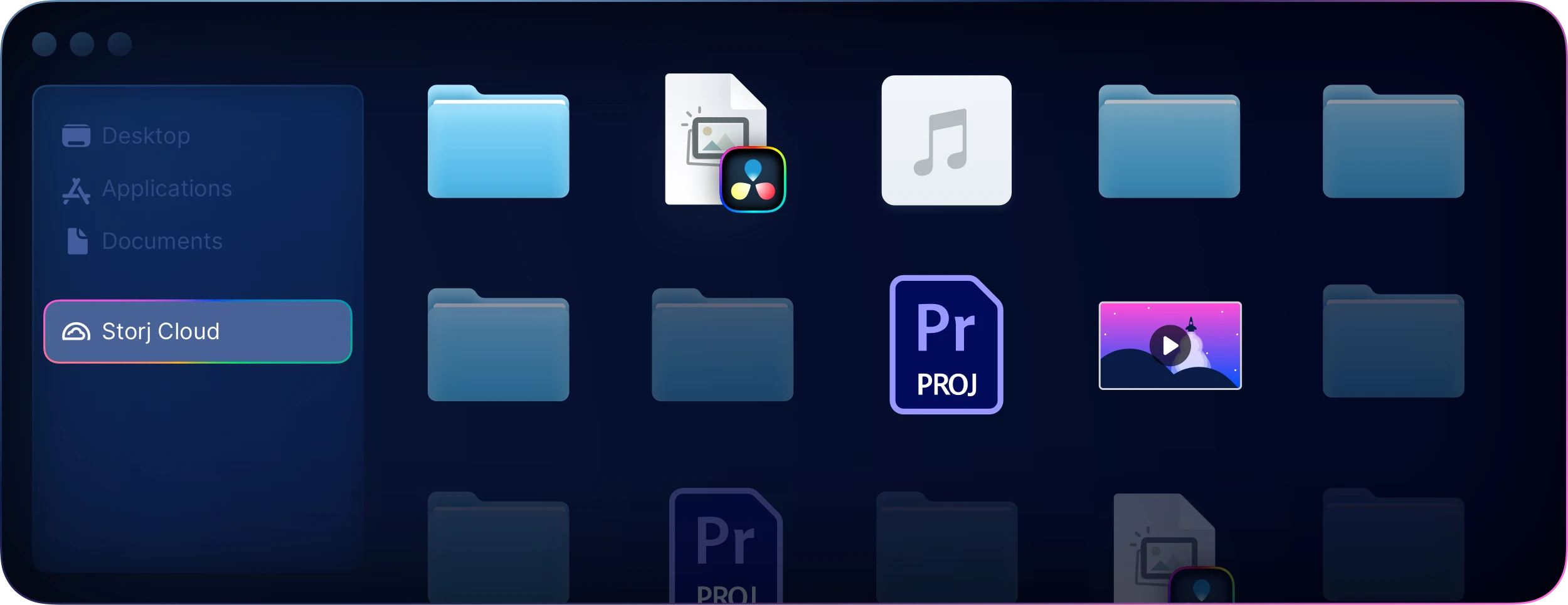 A desktop file browser with Storj Cloud mounted alongside local folders.