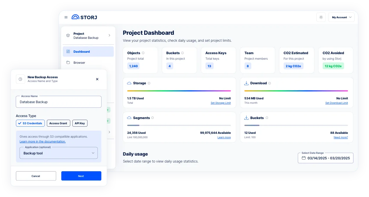 The Storj project dashboard showing storage, download and bucket usage.