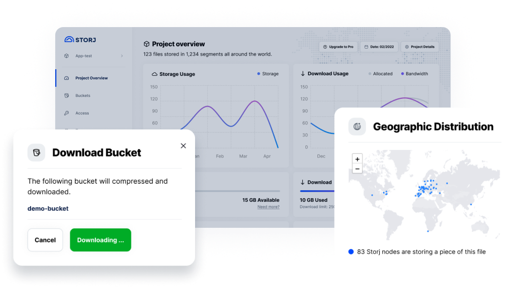 An overview of Storj's distributed cloud storage interface and download bucket and geographic distribution settings
