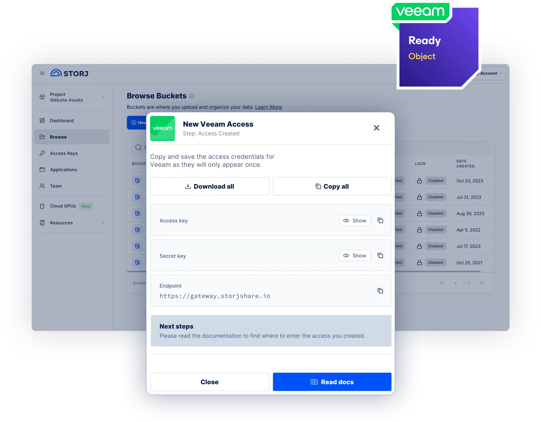 An example of access credentials for Veeam and cloud storage security settings